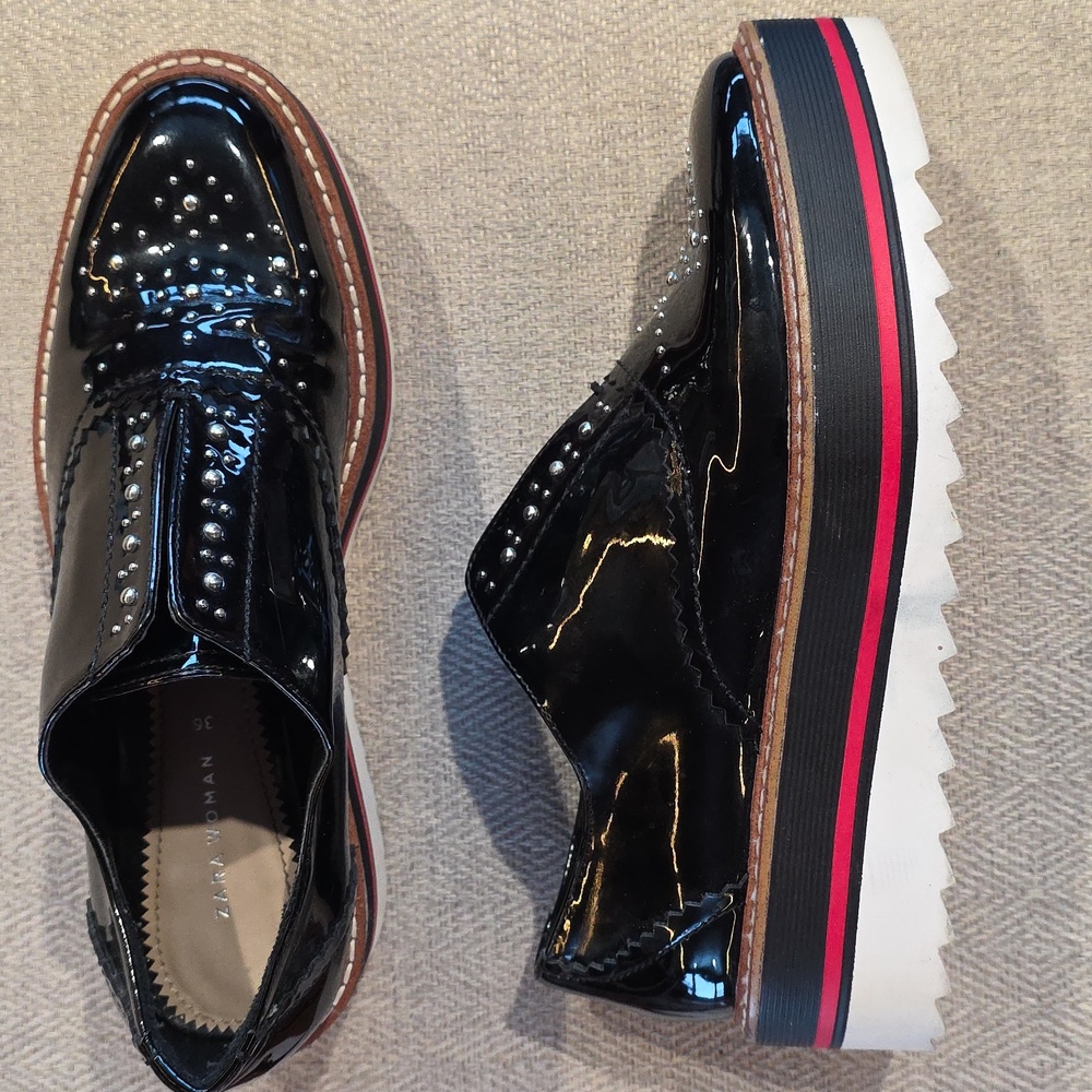 ZARA Woman Sz 6 Black Patent Platform Loafers Studded Lug Sole Flatform